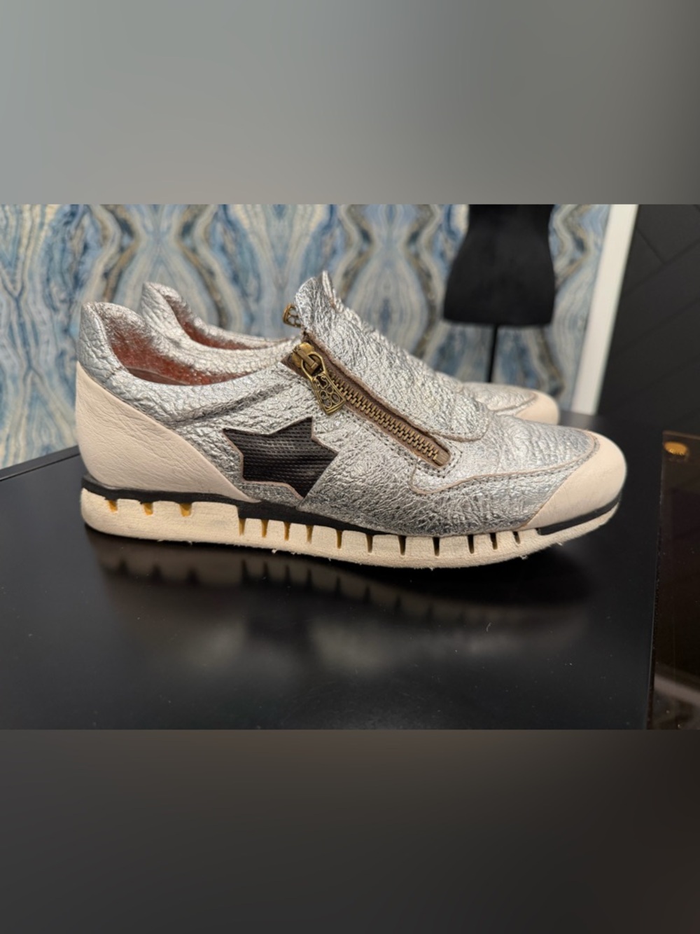A.S.98 Metallic Silver and Black Star Zip-Front Women's Sneaker 40